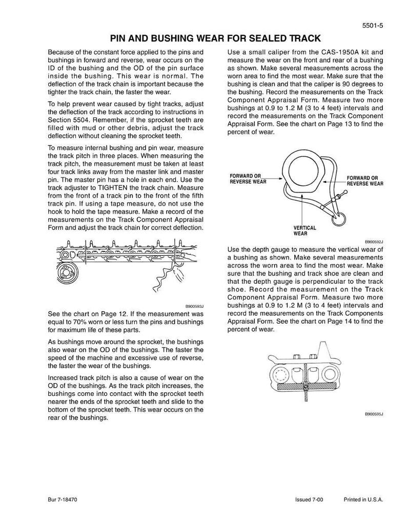 May include: Technical diagram titled "PIN AND BUSHING WEAR FOR SEALED TRACK" with illustrations and instructions for measuring wear on bushings and track chains. Includes diagrams and text about wear measurement and component appraisal.