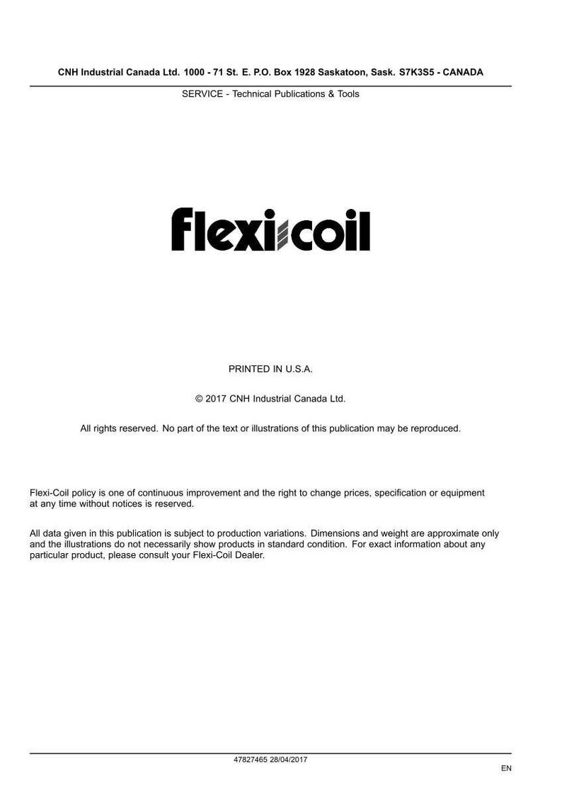May include: A white document with the Flexi-Coil logo in black. The text includes the company's address, service information, and copyright details. The document is printed in the U.S.A.