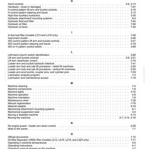 May include: A black and white index page from a technical manual, listing topics alphabetically from G to P. Entries include general safety, hand controls, hydraulic systems, machine maintenance, and operating instructions with page numbers.