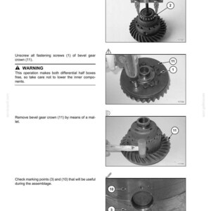 May include: Page from a manual showing steps for front axle repair. Includes images of tools and components like a bevel gear crown, pinion, and extractor. Text indicates removing bearings, unscrewing screws, and checking marking points.