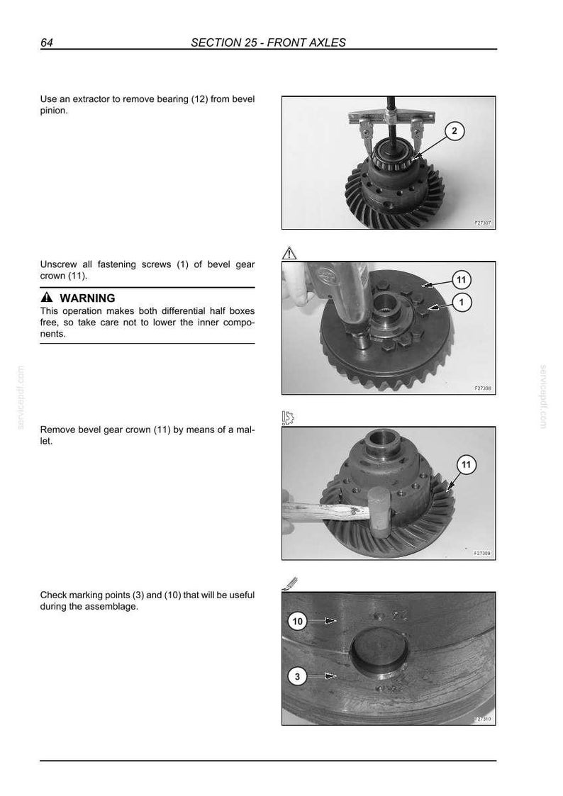 May include: Page from a manual showing steps for front axle repair. Includes images of tools and components like a bevel gear crown, pinion, and extractor. Text indicates removing bearings, unscrewing screws, and checking marking points.