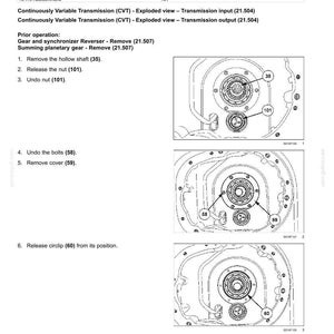 May include: Diagram of a continuously variable transmission (CVT) with exploded views of internal components. The image includes labels for clutch removal, bolts, nuts, and other parts. Text includes instructions for removing parts.