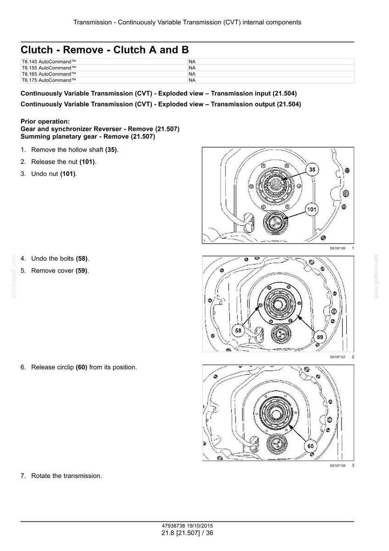 May include: Diagram of a continuously variable transmission (CVT) with exploded views of internal components. The image includes labels for clutch removal, bolts, nuts, and other parts. Text includes instructions for removing parts.