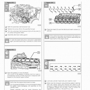 May include: Diagrams from an engine repair manual. Figures 172, 173, 174, and 175 illustrate engine components and assembly instructions. Includes torque specifications and bolt tightening patterns for cylinder head bolts.