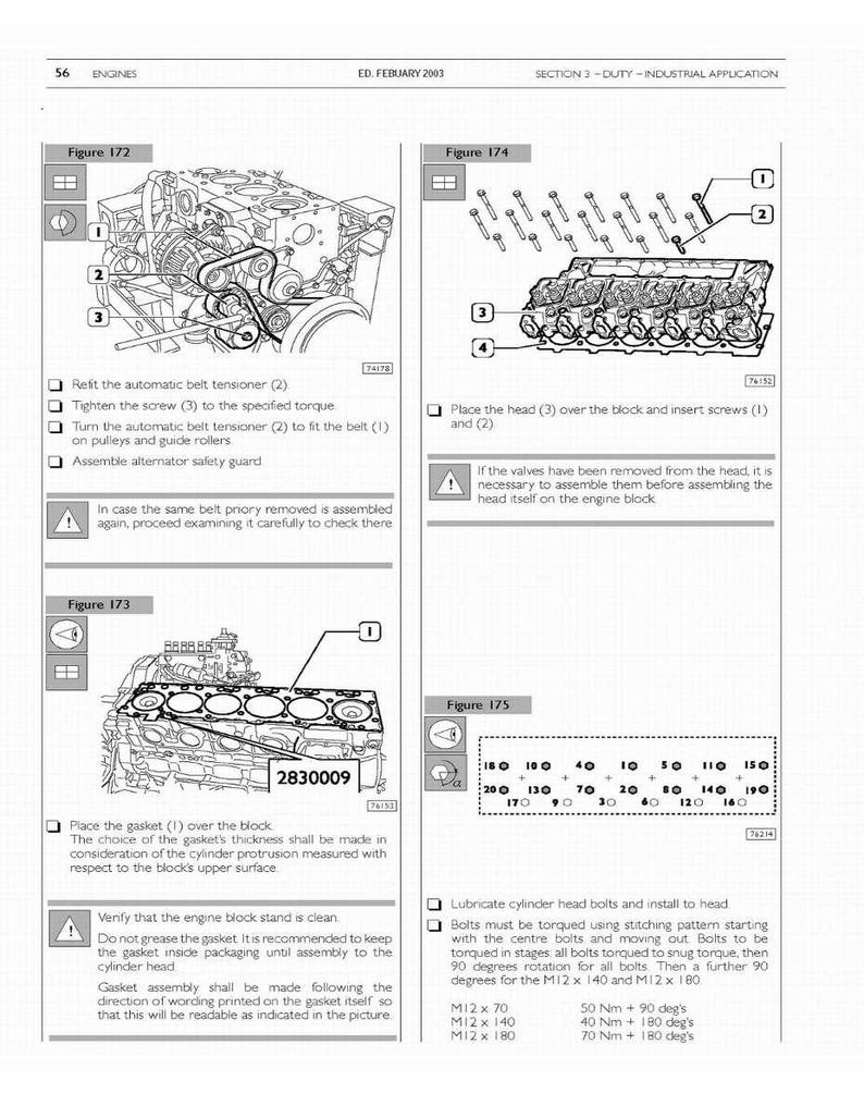 May include: Diagrams from an engine repair manual. Figures 172, 173, 174, and 175 illustrate engine components and assembly instructions. Includes torque specifications and bolt tightening patterns for cylinder head bolts.