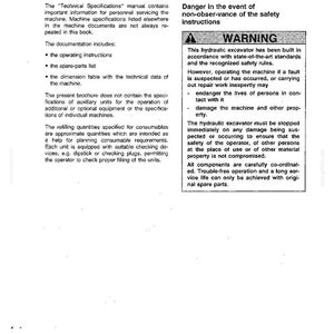 May include: A page from a technical handbook titled "Technical Handbook FX 140." The document includes sections on the undercarriage, foreword, and safety instructions. A warning is displayed, emphasizing safety protocols for a hydraulic excavator.