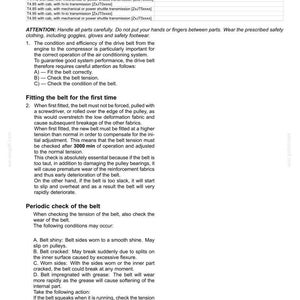 May include: Document detailing compressor drive belt checks for air conditioning systems. Includes instructions for fitting, tension checks, and identifying wear. Safety precautions are also listed. Measurements are not applicable.