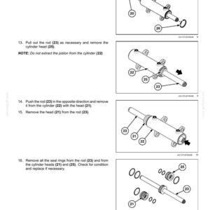 May include: Diagrams illustrating the disassembly of steering cylinders, featuring various components like snap rings, rods, and cylinder heads. The images are in black and white, with labels for each part.