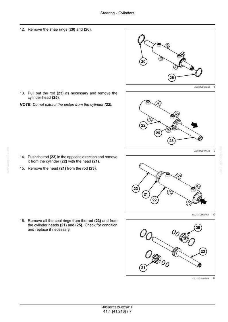 May include: Diagrams illustrating the disassembly of steering cylinders, featuring various components like snap rings, rods, and cylinder heads. The images are in black and white, with labels for each part.