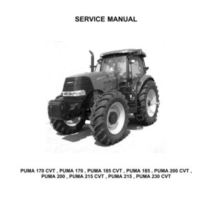 May include: Black and white image of a Case IH tractor service manual. The manual cover displays the Case IH logo and the words "SERVICE MANUAL". Below the tractor image are model names including PUMA 170 CVT and PUMA 230 CVT.
