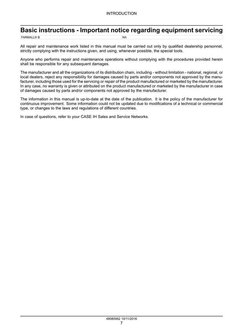 May include: A page from a manual with the title "Basic instructions - Important notice regarding equipment servicing." The text details repair and maintenance instructions, liability, and warranty information. The document includes the date 10/11/2016.