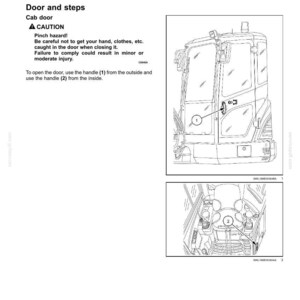May include: A technical manual page titled 3 - CONTROLS AND INSTRUMENTS detailing cab door operation. It includes a caution about pinch hazards and two line drawings showing the exterior door handle labeled 1 and the interior handle labeled 2.
