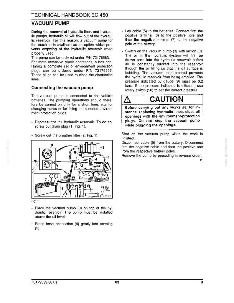 Op de afbeelding: Een pagina uit een technisch handboek met de titel "VACUUM PUMP" (vacu&uuml;mpomp). Het bevat instructies, diagrammen en veiligheidsadvies voor het bedienen van de pomp. De tekst is zwart op een witte achtergrond.