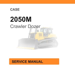 May include: Image of a CASE 2050M Crawler Dozer. The image features the text "CASE" above the model number "2050M" and the words "Crawler Dozer". Below the image of the dozer is a rectangular orange button with the words "SERVICE MANUAL".
