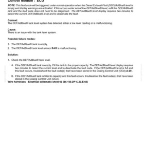 May include: A document detailing fault codes for electrical systems, specifically the E1781-03 fault related to the Diesel Exhaust Fluid (DEF)/AdBlue tank. The text explains the cause, possible failures, and solutions, including checking the tank level and troubleshooting.