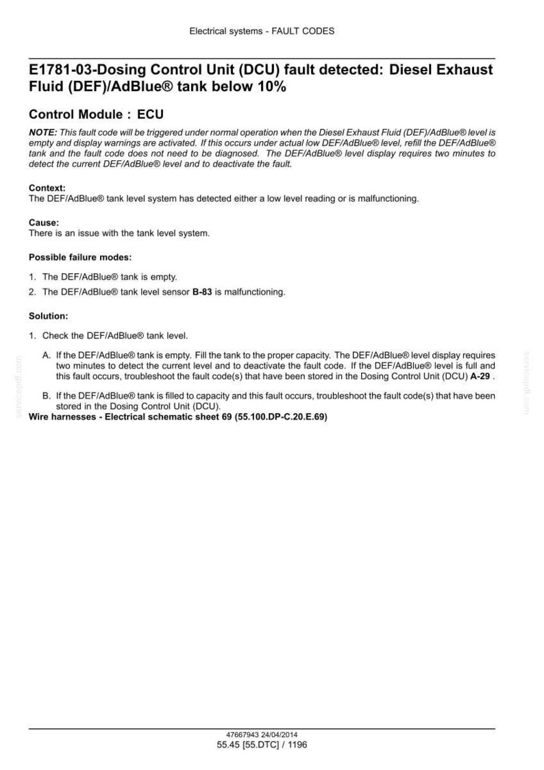 May include: A document detailing fault codes for electrical systems, specifically the E1781-03 fault related to the Diesel Exhaust Fluid (DEF)/AdBlue tank. The text explains the cause, possible failures, and solutions, including checking the tank level and troubleshooting.