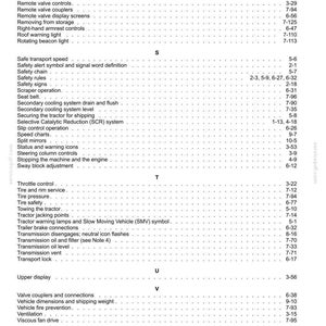 May include: A black and white printed index page from a technical manual, featuring alphabetical headings R through W. The text lists various tractor components and maintenance procedures, each followed by corresponding page numbers on the right.