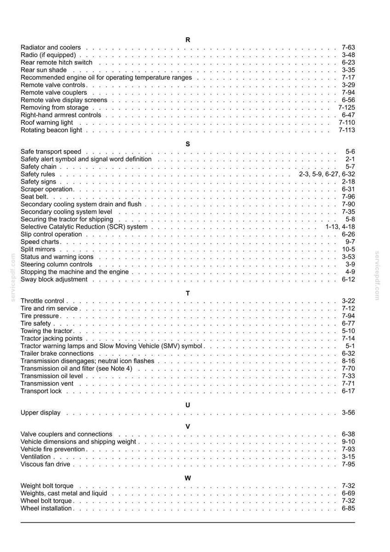 May include: A black and white printed index page from a technical manual, featuring alphabetical headings R through W. The text lists various tractor components and maintenance procedures, each followed by corresponding page numbers on the right.
