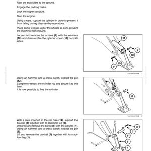 Op de afbeelding: Diagram met instructies voor het demonteren van stabilisatoren. De afbeelding toont genummerde componenten zoals schroeven, ringen, pennen en beugels. Tekst geeft stapsgewijze instructies, met afmetingen in cm.