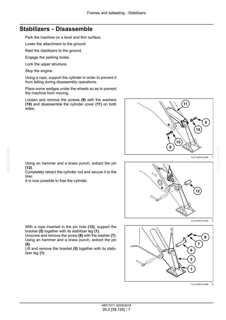Op de afbeelding: Diagram met instructies voor het demonteren van stabilisatoren. De afbeelding toont genummerde componenten zoals schroeven, ringen, pennen en beugels. Tekst geeft stapsgewijze instructies, met afmetingen in cm.