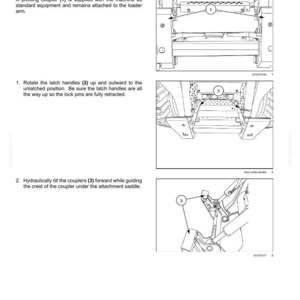 May include: Diagram from a manual showing the installation of an attachment. The diagram includes illustrations of a pivoting coupler and latch handles, with numbered callouts for each step of the process.