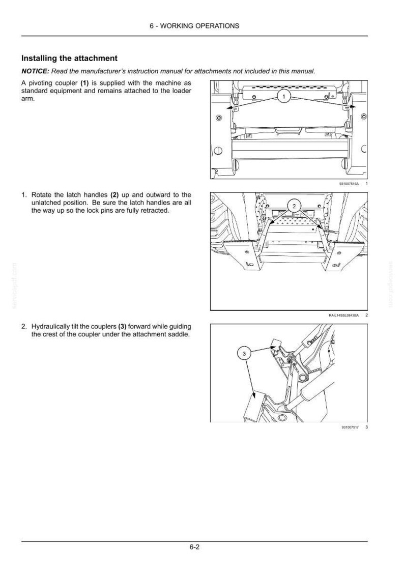 May include: Diagram from a manual showing the installation of an attachment. The diagram includes illustrations of a pivoting coupler and latch handles, with numbered callouts for each step of the process.