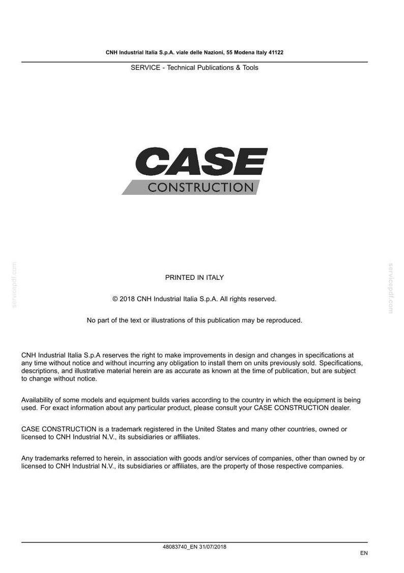 May include: A white document with the words "CASE CONSTRUCTION" in bold black letters. The document is a technical publication from CNH Industrial Italia S.p.A. and includes copyright information and other legal notices.