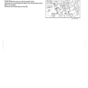 May include: Diagram of a hydraulic system, detailing the removal of a double gear pump. The image includes numbered components (1, 2, 3, and 4) with corresponding instructions. Text explains the process of disconnecting tubes and removing screws for maintenance.