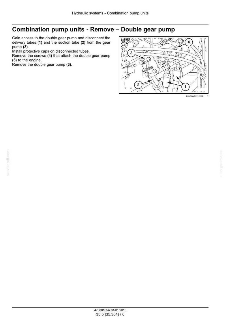 May include: Diagram of a hydraulic system, detailing the removal of a double gear pump. The image includes numbered components (1, 2, 3, and 4) with corresponding instructions. Text explains the process of disconnecting tubes and removing screws for maintenance.