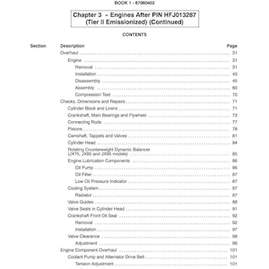May include: A page from a manual titled "SECTION 10 - ENGINE" with a table of contents. The table lists engine-related topics such as "Removal", "Installation", and "Valve Clearance". The page number is listed next to each topic.