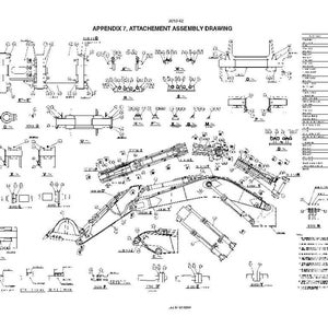 May include: A detailed black and white engineering drawing labeled "APPENDIX 7. ATTACHEMENT ASSEMBLY DRAWING." The diagram includes various mechanical components, with labels and annotations. The drawing appears to be a technical illustration of machinery parts.