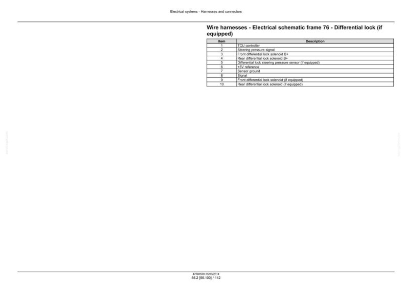 May include: A white page with the title "Wire harnesses - Electrical schematic frame 76 - Differential lock (if equipped)". The page contains a table with item numbers and descriptions of electrical components.