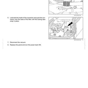 Op de afbeelding: Diagram van een elektrisch systeem, met instructies voor het opnieuw installeren van een filtereenheid in de DEF/AdBlue-besturingsmodule. Bevat stappen voor het smeren en aansluiten van componenten en het inschakelen.