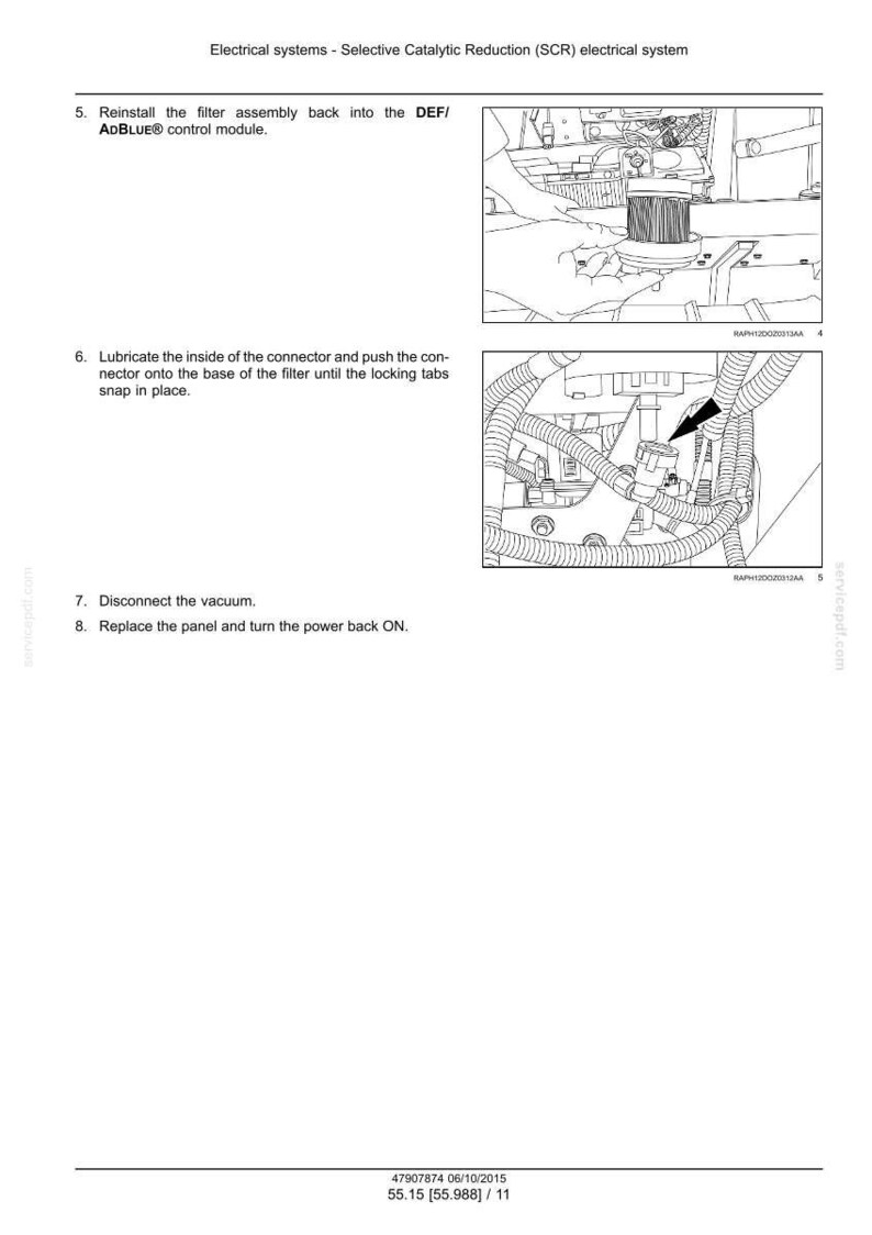Op de afbeelding: Diagram van een elektrisch systeem, met instructies voor het opnieuw installeren van een filtereenheid in de DEF/AdBlue-besturingsmodule. Bevat stappen voor het smeren en aansluiten van componenten en het inschakelen.
