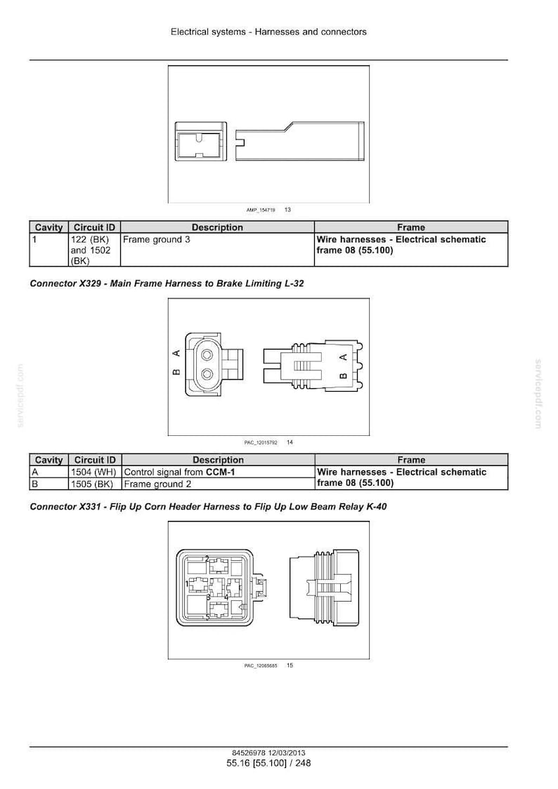 May include: Diagram of electrical connectors and harnesses, including Connector X329 and X331. The image includes schematic diagrams and tables with cavity, circuit ID, description, and frame information. The document is dated 12/03/2013.