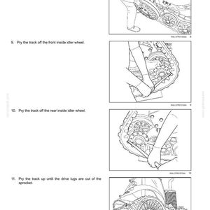 May include: Technical diagram showing steps for removing and prying tracks from a vehicle's suspension system. Includes instructions to remove bolts, pry tracks from idler wheels, and lift the track from the sprocket. Text includes "Tracks and track suspension - Tracks".