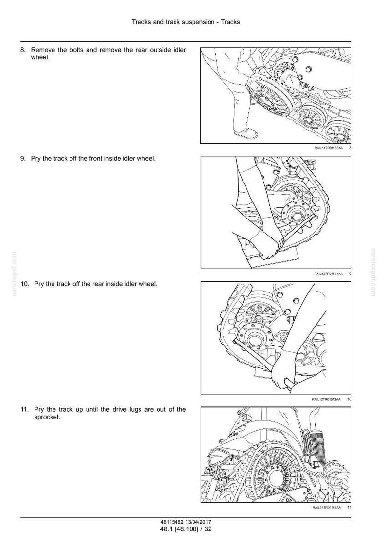 May include: Technical diagram showing steps for removing and prying tracks from a vehicle's suspension system. Includes instructions to remove bolts, pry tracks from idler wheels, and lift the track from the sprocket. Text includes "Tracks and track suspension - Tracks".