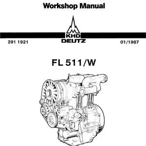 May include: A black and white diagram of a KHD Deutz FL 511/W engine, from a workshop manual. The image includes the text "Workshop Manual" and the date 01/1987. The engine is depicted with its mechanical parts.