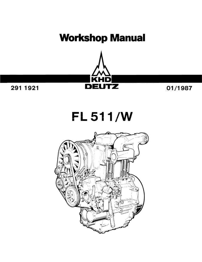 May include: A black and white diagram of a KHD Deutz FL 511/W engine, from a workshop manual. The image includes the text "Workshop Manual" and the date 01/1987. The engine is depicted with its mechanical parts.