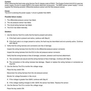 May include: A document titled "Electrical systems - FAULT CODES" with troubleshooting steps for fault code 1011-Battery 5V reference 1 circuit high. Includes context, cause, possible failure modes, and solutions for automotive electrical systems.