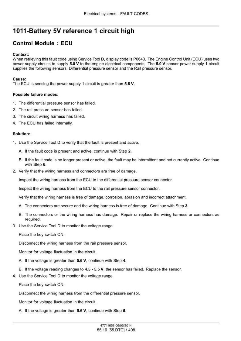 May include: A document titled "Electrical systems - FAULT CODES" with troubleshooting steps for fault code 1011-Battery 5V reference 1 circuit high. Includes context, cause, possible failure modes, and solutions for automotive electrical systems.