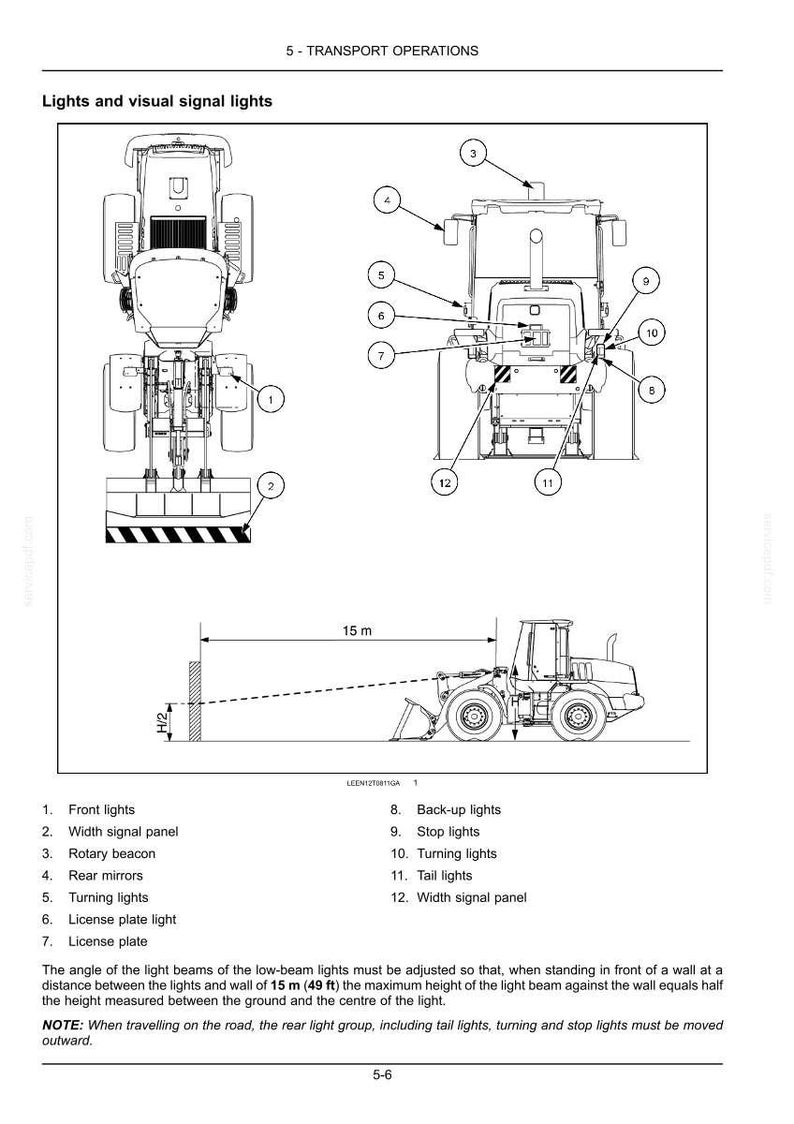 Puede incluir: Diagrama de un veh&iacute;culo de construcci&oacute;n con luces y luces de se&ntilde;alizaci&oacute;n visuales etiquetadas. Incluye luces delanteras, panel de se&ntilde;alizaci&oacute;n de anchura, baliza rotatoria, espejos retrovisores, intermitentes y luces traseras. El texto indica el &aacute;ngulo de los haces de luz.