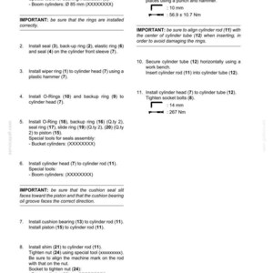 May include: A technical document page titled E215B-E245B FRONT ATTACHMENT detailing the boom cylinders assembly process. It lists eleven numbered installation steps for components like bushings, seals, O-rings, and pistons, including torque specifications.