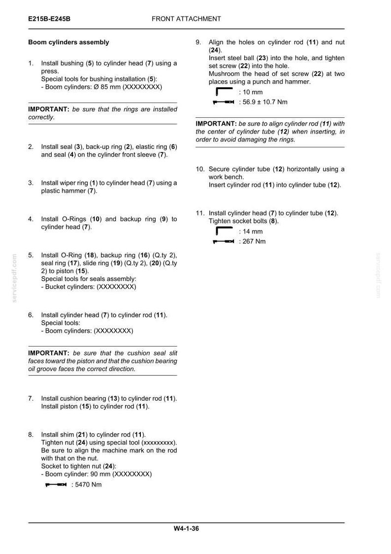May include: A technical document page titled E215B-E245B FRONT ATTACHMENT detailing the boom cylinders assembly process. It lists eleven numbered installation steps for components like bushings, seals, O-rings, and pistons, including torque specifications.