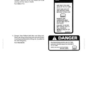 May include: A technical document page featuring two black rectangular safety warning labels for New Holland equipment. The labels contain white text and icons, including a danger symbol, with instructions for using a cab jack kit and tilting tool.