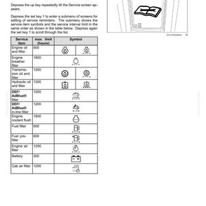 May include: A technical manual page titled 3 - CONTROLS AND INSTRUMENTS featuring a service functions screen diagram and a table listing service items, maximum hour limits, and corresponding icons for engine, transmission, and filter maintenance.