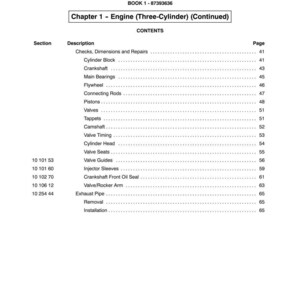 May include: A page from a manual titled "SECTION 10 - ENGINE" with a table of contents for engine components. The table includes items like "Crankshaft," "Valves," and "Cylinder Head."