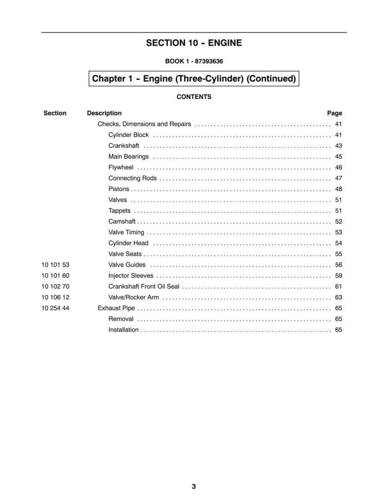 May include: A page from a manual titled "SECTION 10 - ENGINE" with a table of contents for engine components. The table includes items like "Crankshaft," "Valves," and "Cylinder Head."