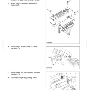 May include: A technical manual page titled SECTION 6 - ELECTRICAL SYSTEM, featuring three black and white line drawings. The diagrams illustrate the installation of a control panel, a right armrest, and a seat belt bracket with numbered hardware.