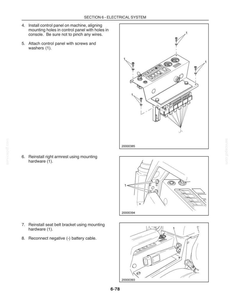 May include: A technical manual page titled SECTION 6 - ELECTRICAL SYSTEM, featuring three black and white line drawings. The diagrams illustrate the installation of a control panel, a right armrest, and a seat belt bracket with numbered hardware.